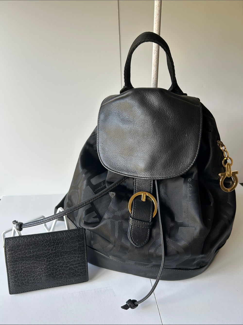 Vintage Ferragamo Black Nylon Backpack with Leather Compact Wallet EUC